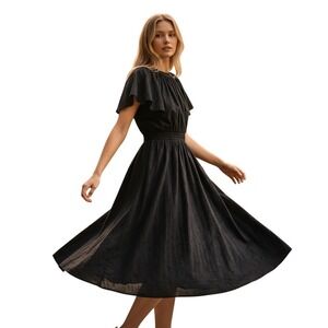 LA Collection Black Eyelet Sleeve Midi Dress Pleated Skirt Womens Sz S‎